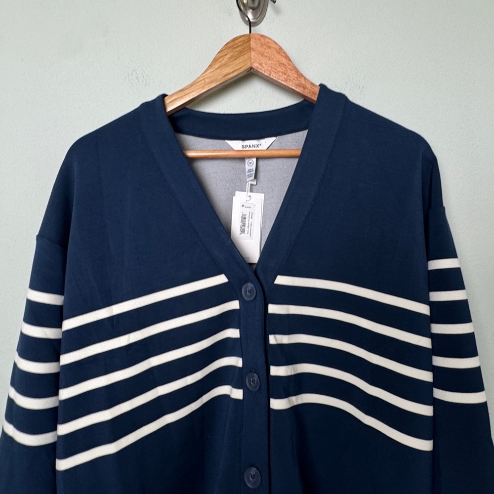 NEW SPANX airessentials long sleeve cardigan in midnight navy stripe size medium - Picture 5 of 13
